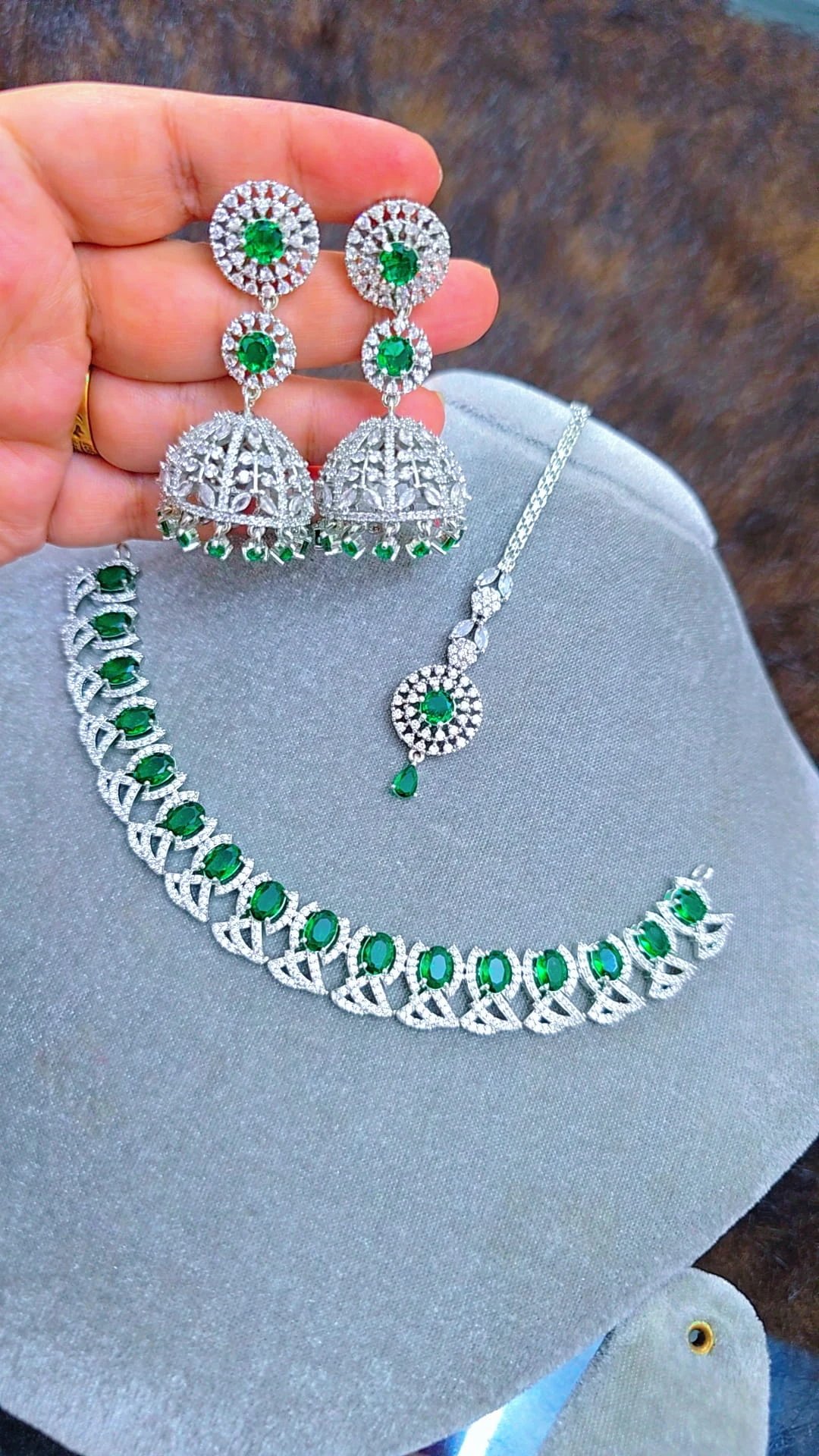Lite Green Jhumka Set Original Diamond Cut Jewelry  অরিজিনাল ডায়মন্ড কাট জুয়েলারি সেট