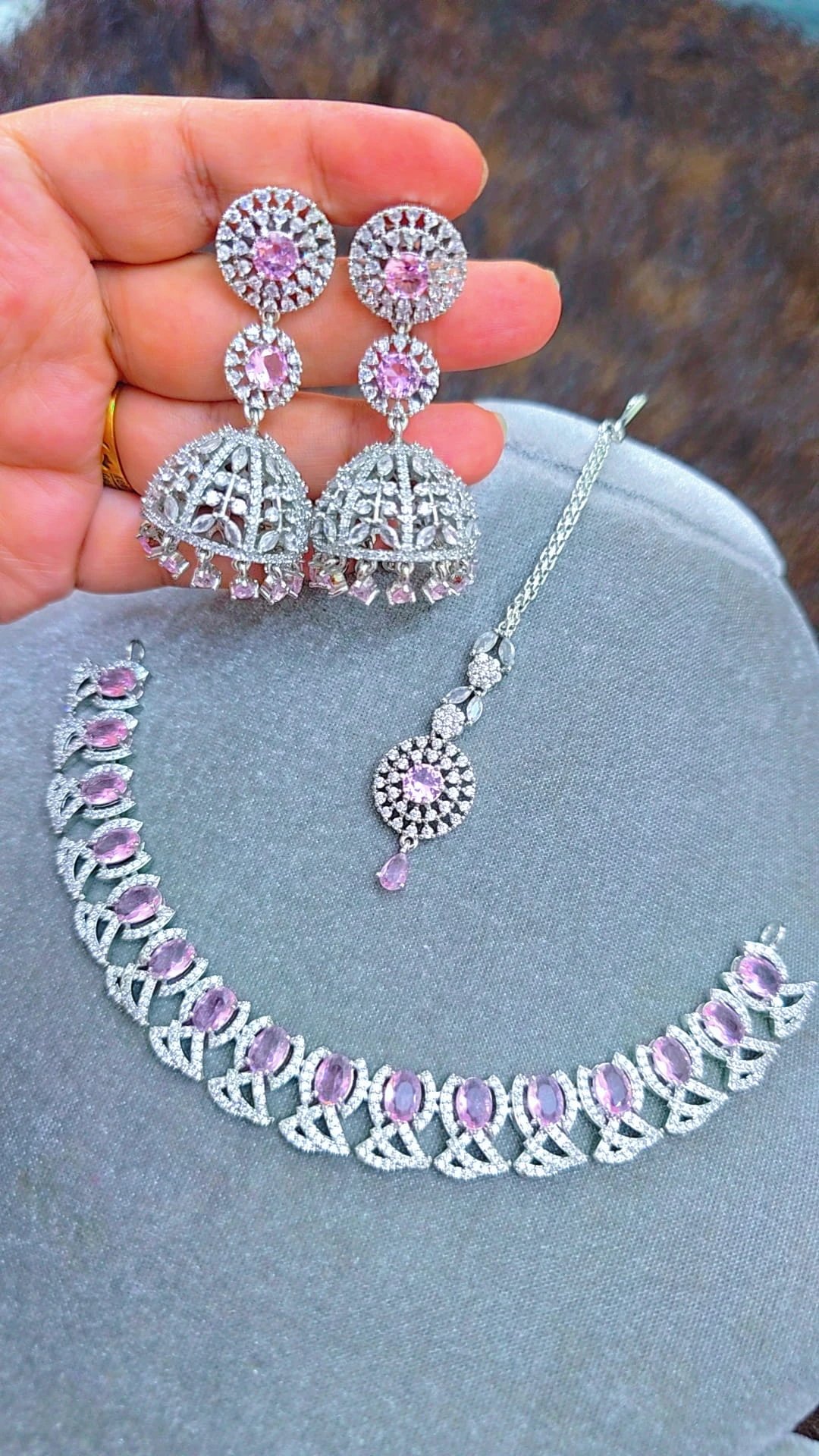 Lite Pink Jhumka Set Original Diamond Cut Jewelry  অরিজিনাল ডায়মন্ড কাট জুয়েলারি সেট