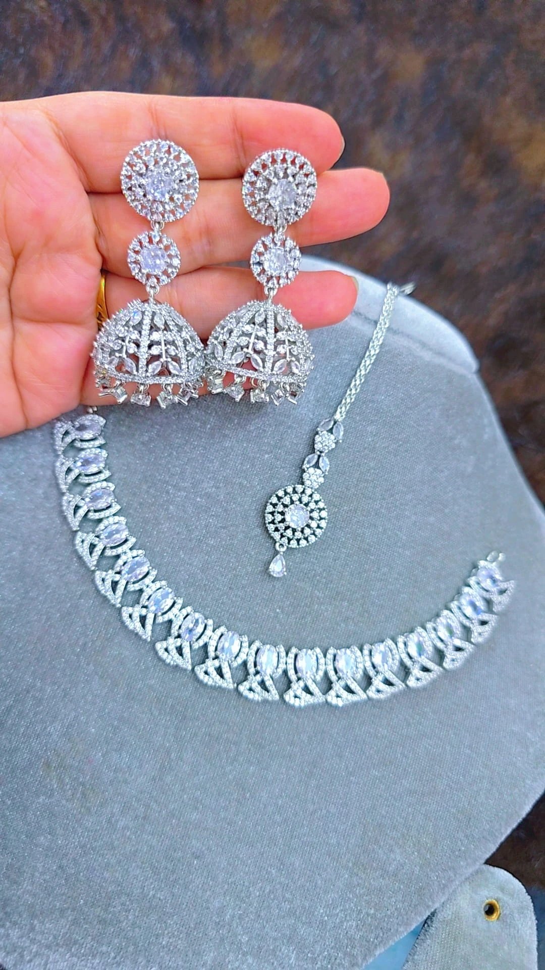 Lite White Jhumka Set Original Diamond Cut Jewelry  অরিজিনাল ডায়মন্ড কাট জুয়েলারি সেট