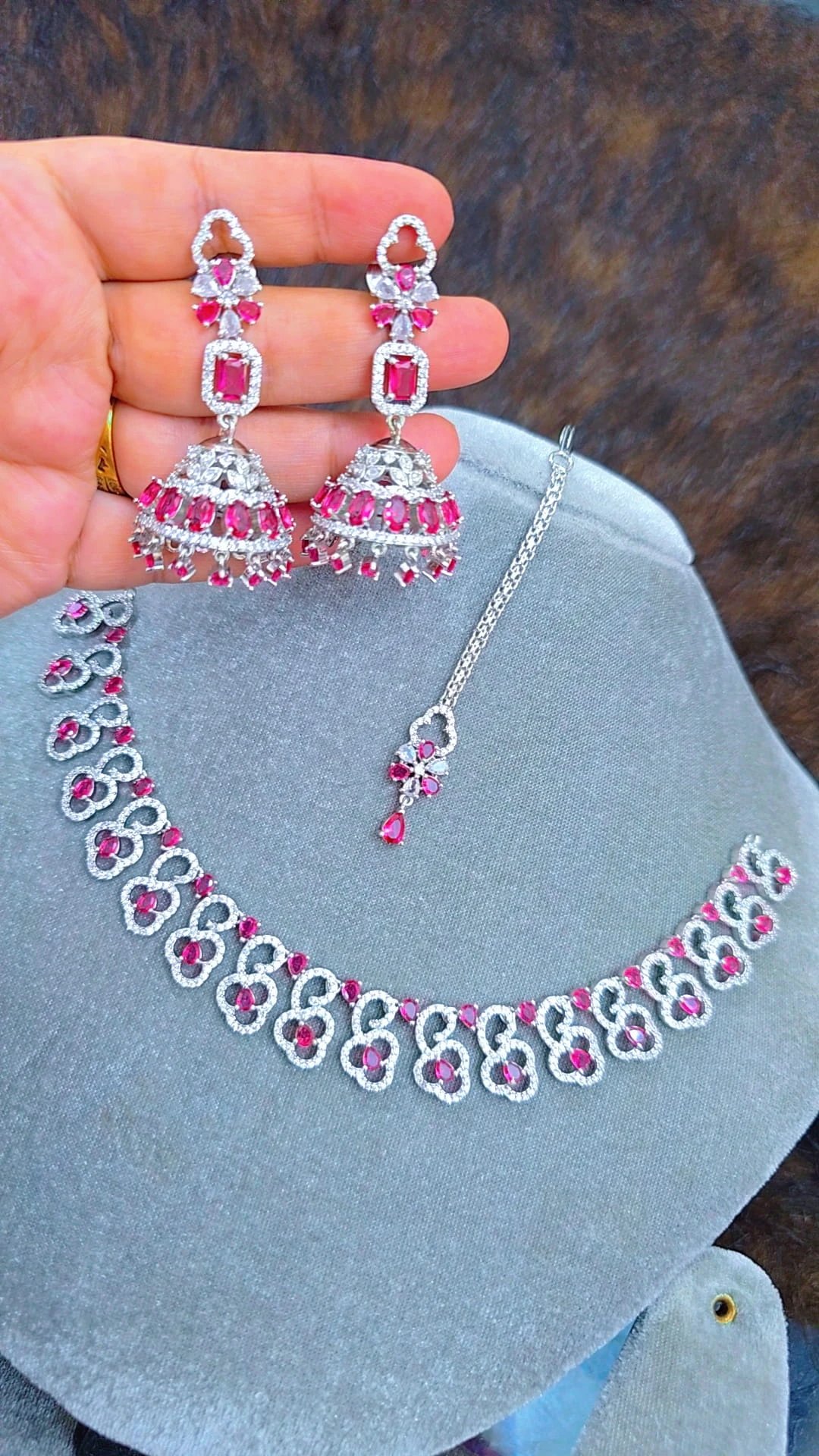 Pink Jhumka Set Original Diamond Cut Jewelry  অরিজিনাল ডায়মন্ড কাট জুয়েলারি সেট